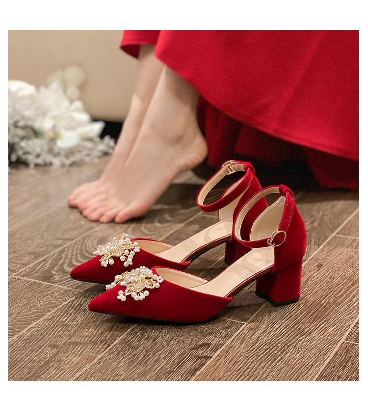 Burgundy Chunky Heel Bridal Shoes Red Velvet Ceremony Footwear