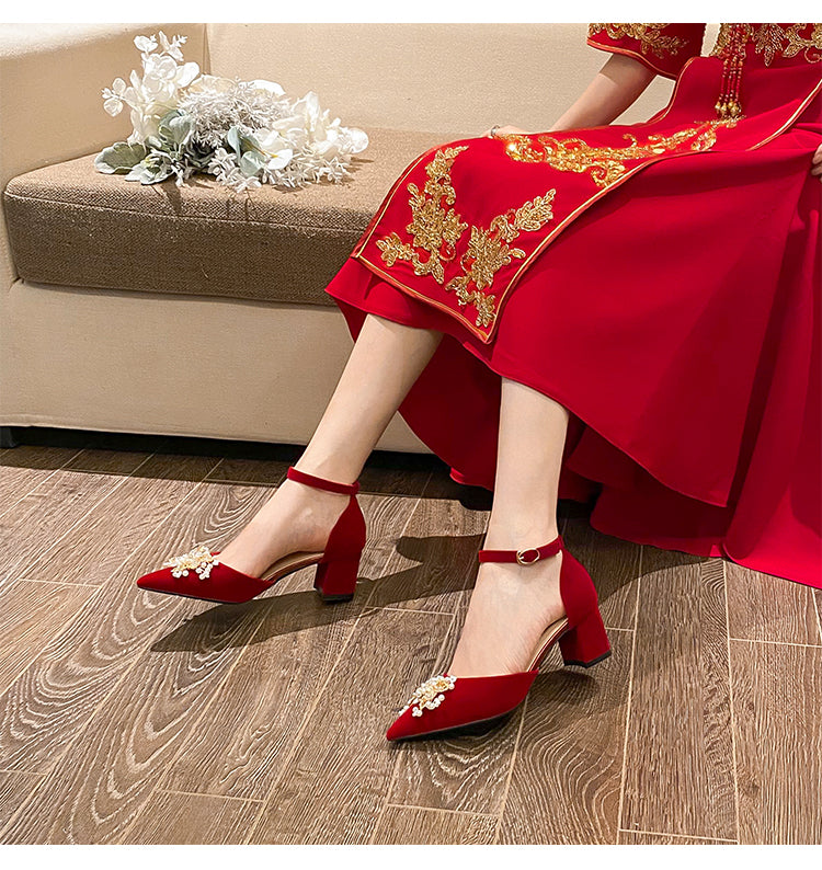 Burgundy Chunky Heel Bridal Shoes Red Velvet Ceremony Footwear