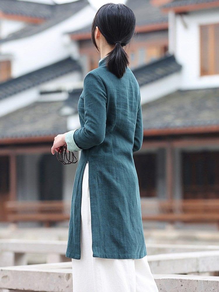 Dark Green Linen Cotton Cheongsam Blouse