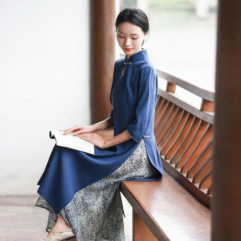 cotton cheongsam dress Women Autumn Winter Qipao Dress Cotton Linen Literary Cheongsam Relaxed Frocks