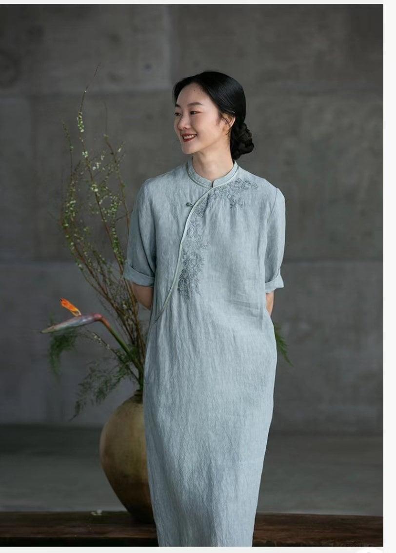 Linen Dress Chinese Qipao Cheongsam Blue