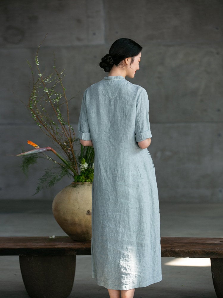 Linen Dress Chinese Qipao Cheongsam Blue