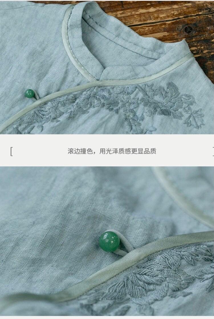 Linen Dress Chinese Qipao Cheongsam Blue