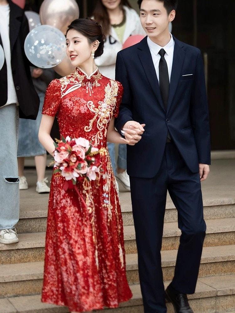 red chinese wedding dress Red Traditional Chinese Wedding Dress – ChinaDesigner