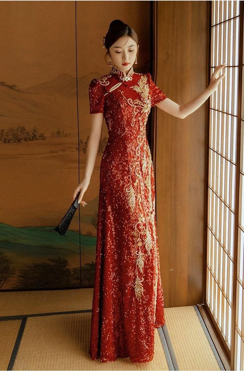 Red Traditional Chinese Wedding Dress Open Back Tea Ceremony ChinaDesigner Red Traditional Chinese Wedding Dress Open Back Tea Ceremony ChinaDesigner