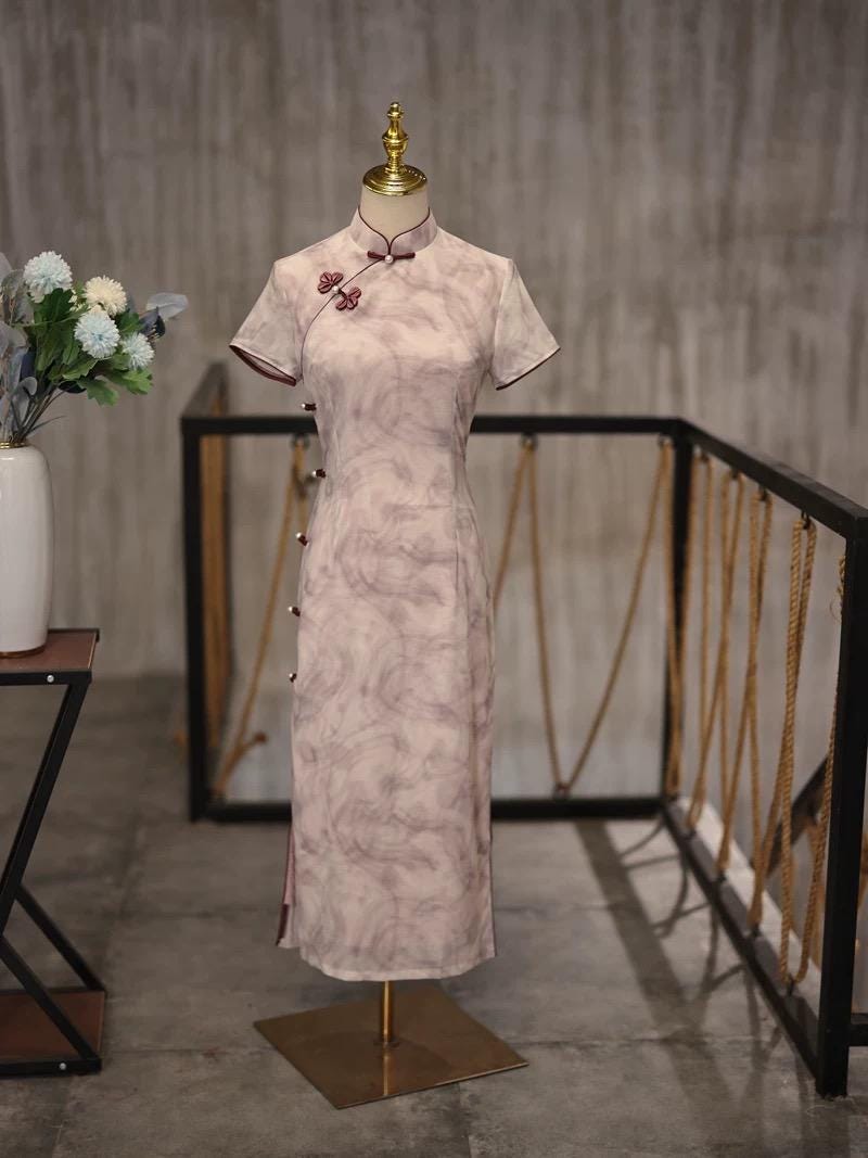 Autumn Winter New Pink Purple Short Sleeve Qipao, Casual Qipao