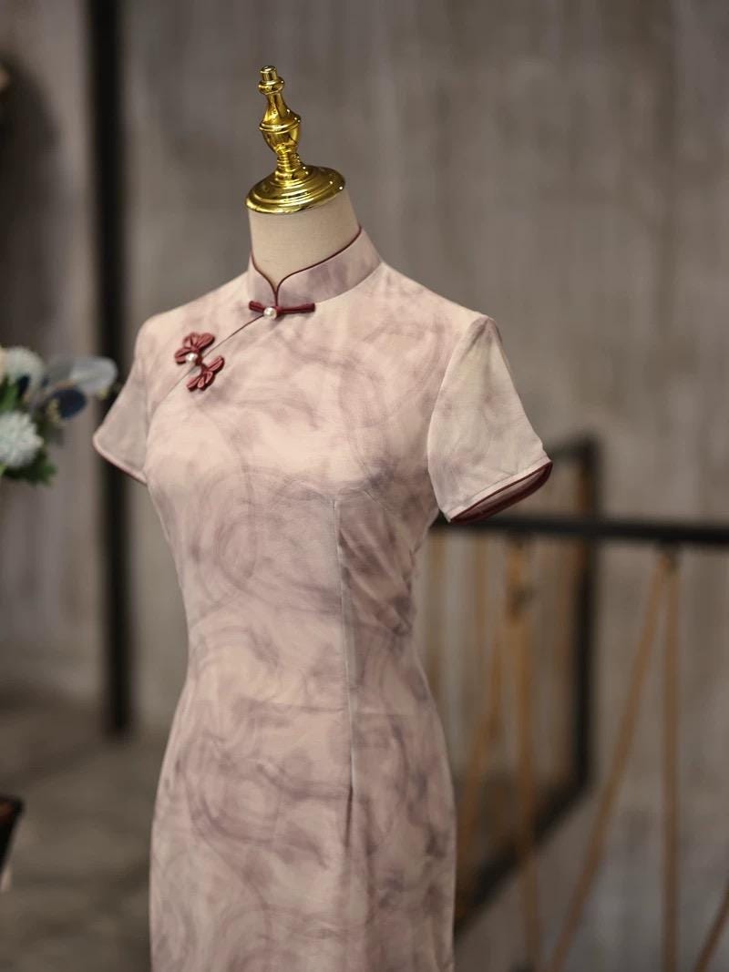 Autumn Winter New Pink Purple Short Sleeve Qipao, Casual Qipao