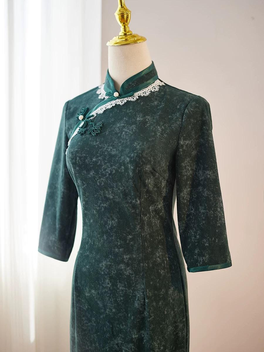 2024 Fall Chinese Qipao Dress Vintage Cheongsam Hongkong Chipao Corduroy Green Dress