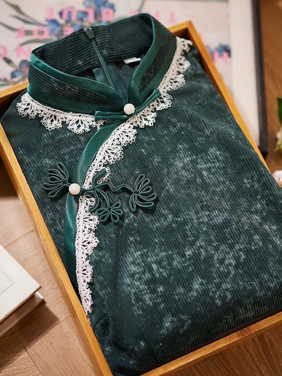 2024 Fall Chinese Qipao Dress Vintage Cheongsam Hongkong Chipao Corduroy Green Dress