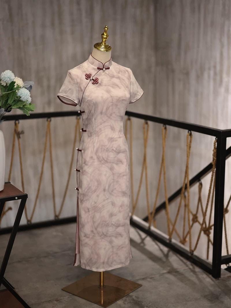 Autumn Winter New Pink Purple Short Sleeve Qipao, Casual Qipao