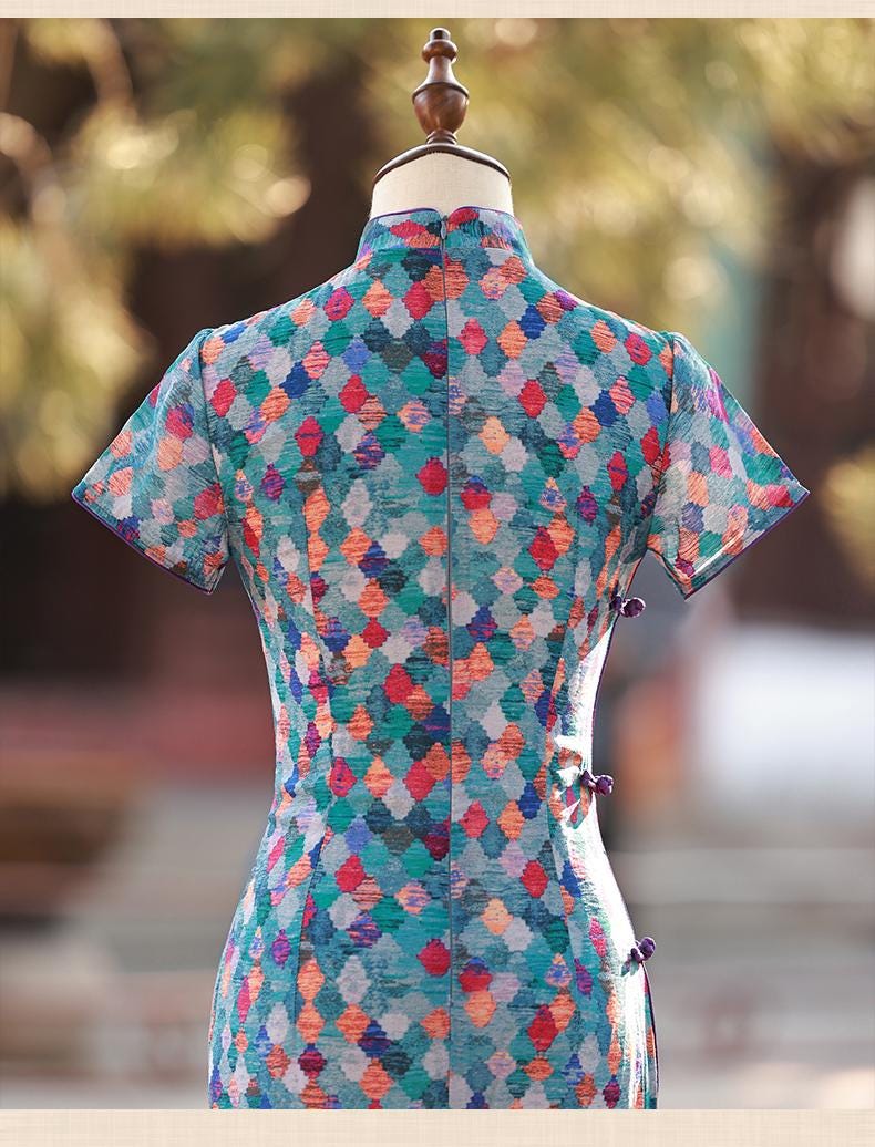 Blue Plaid Cheongsam with white forge buttons, Summer Chinese Qipao