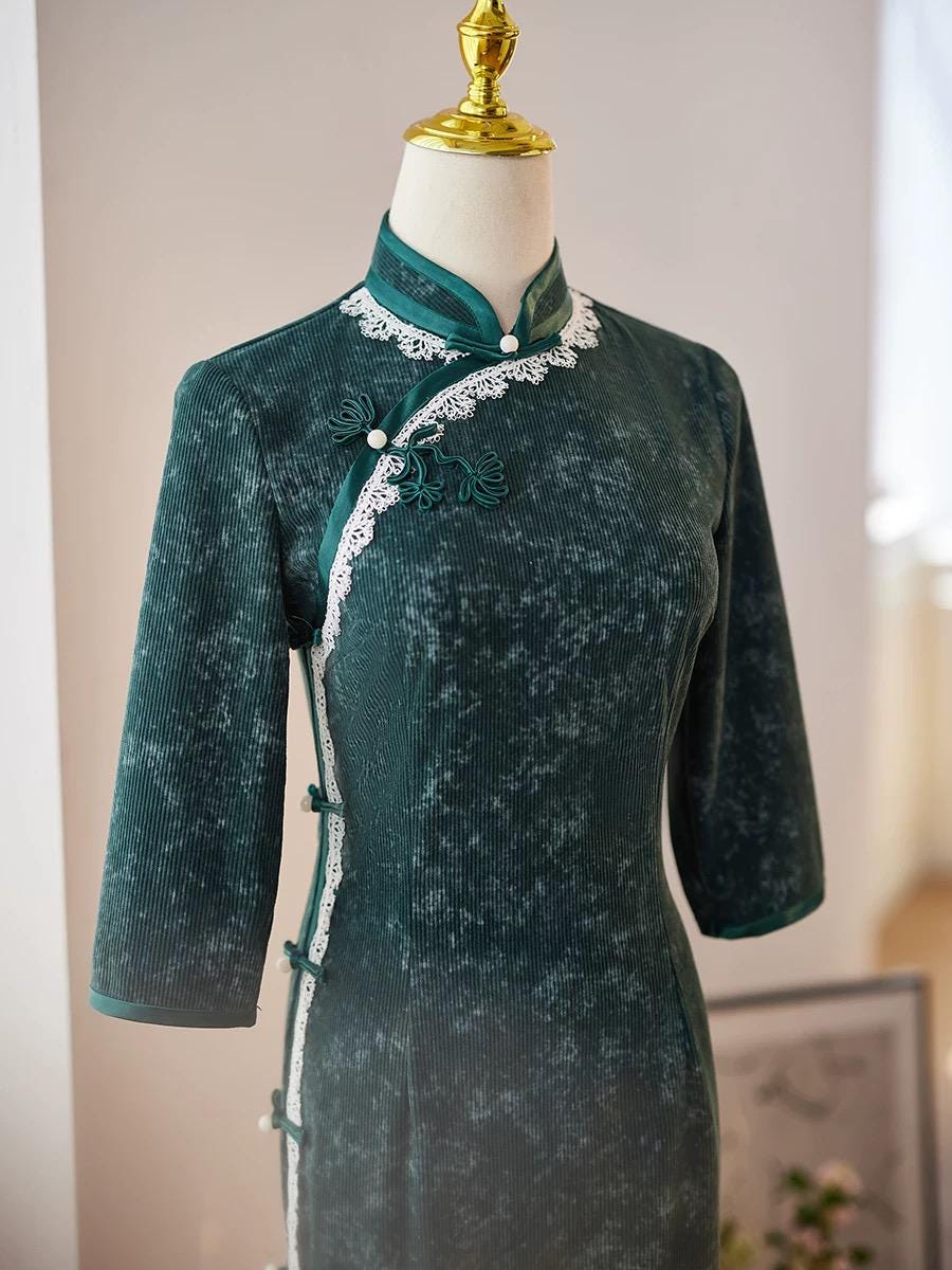 2024 Fall Chinese Qipao Dress Vintage Cheongsam Hongkong Chipao Corduroy Green Dress