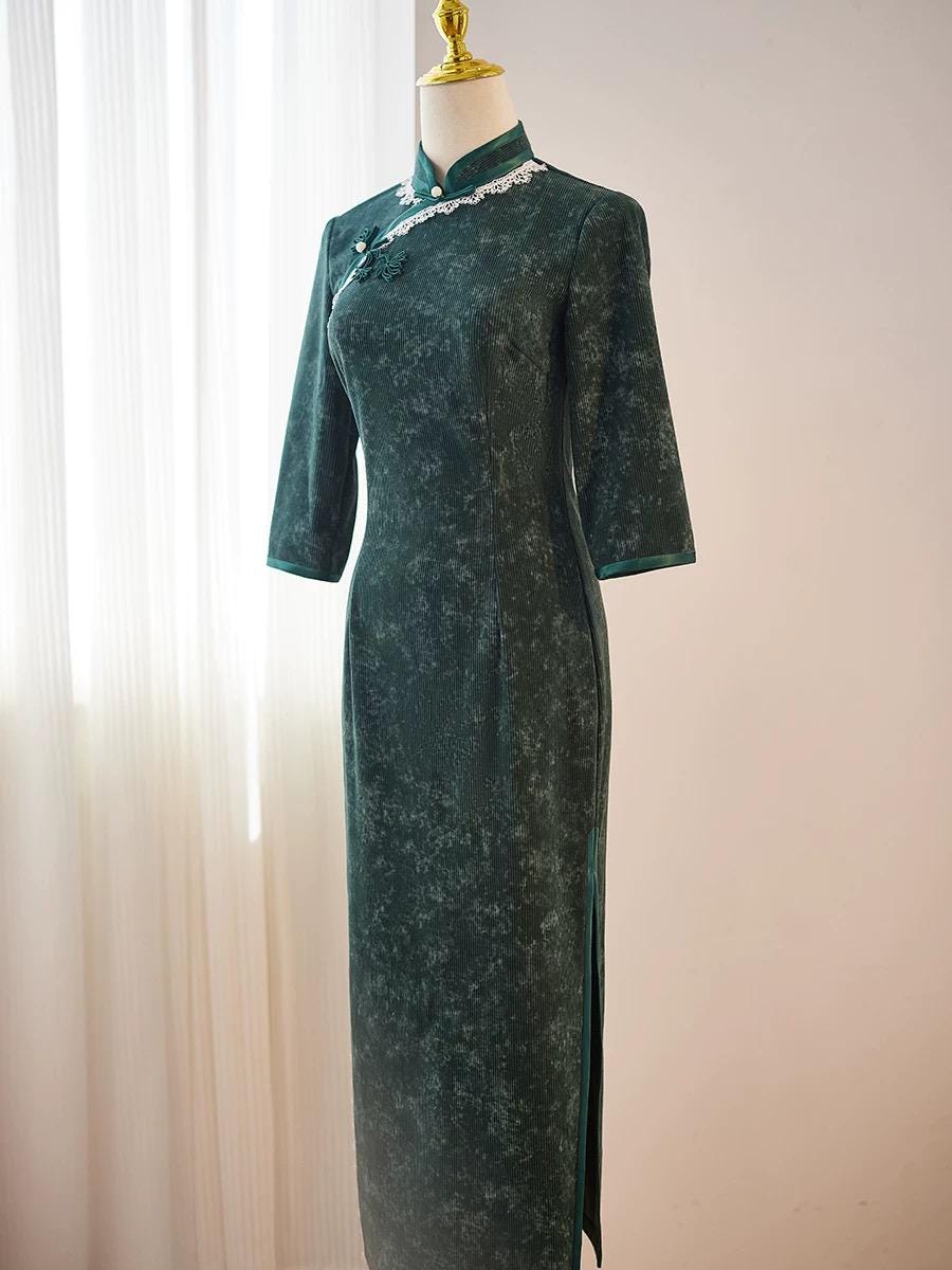 2024 Fall Chinese Qipao Dress Vintage Cheongsam Hongkong Chipao Corduroy Green Dress