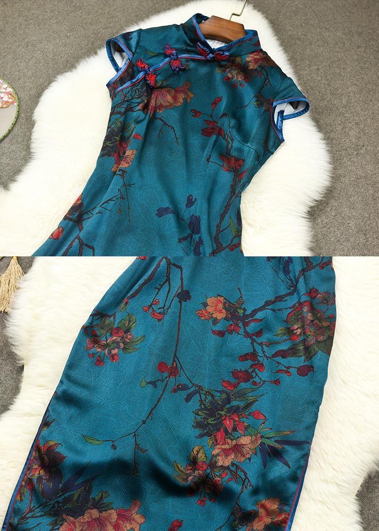 Mulberry Silk Short-sleeved long length Cheongsam Qipao Traditional Dress