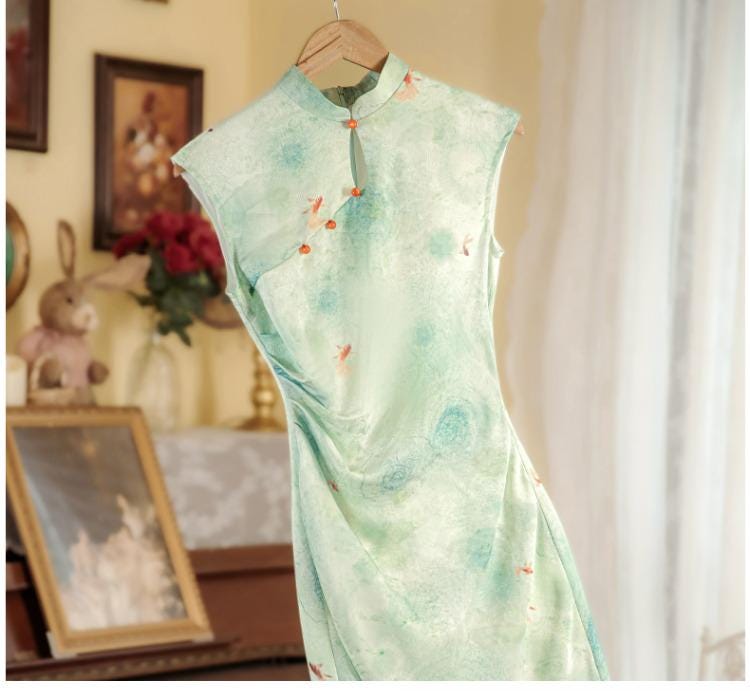 Light Green Modern Floral Qipao, Sleeveless Summer Qipao
