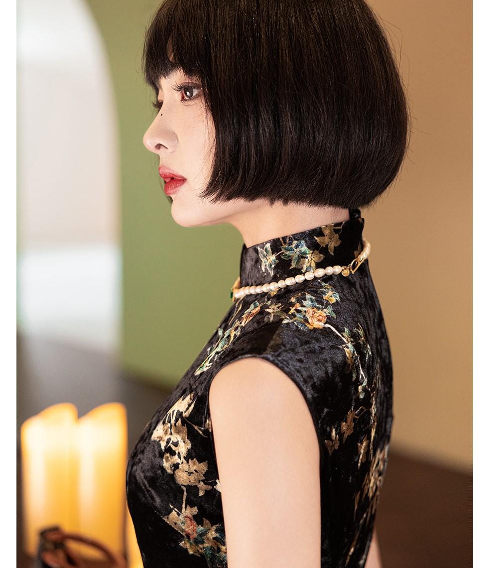 Black Velvet Sleeveless Cheongsam, Traditional Chinese Qipao
