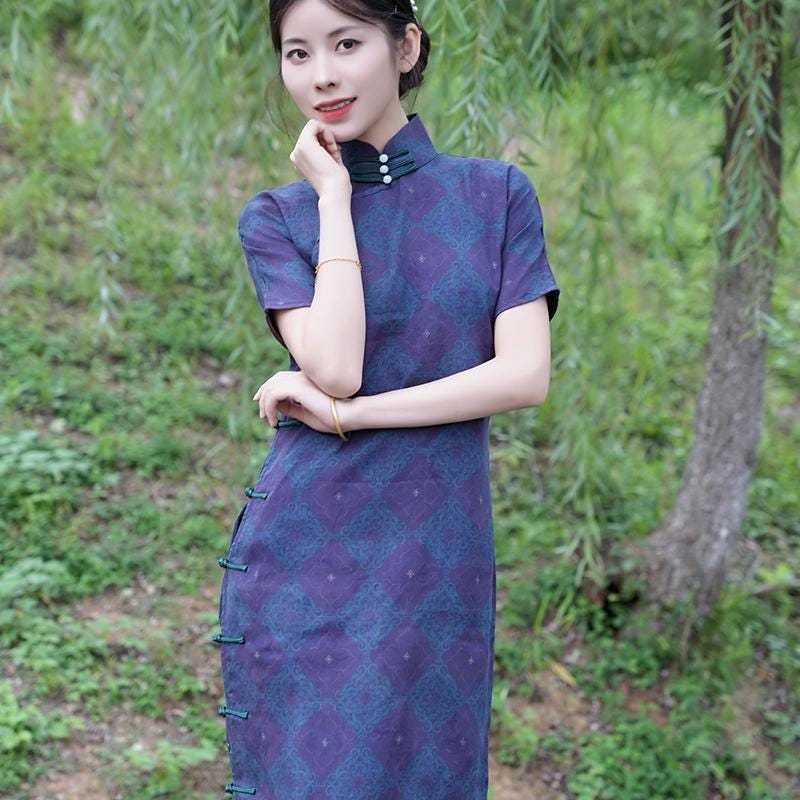 Mulberry Silk Short-sleeved long Cheongsam Qipao Purple