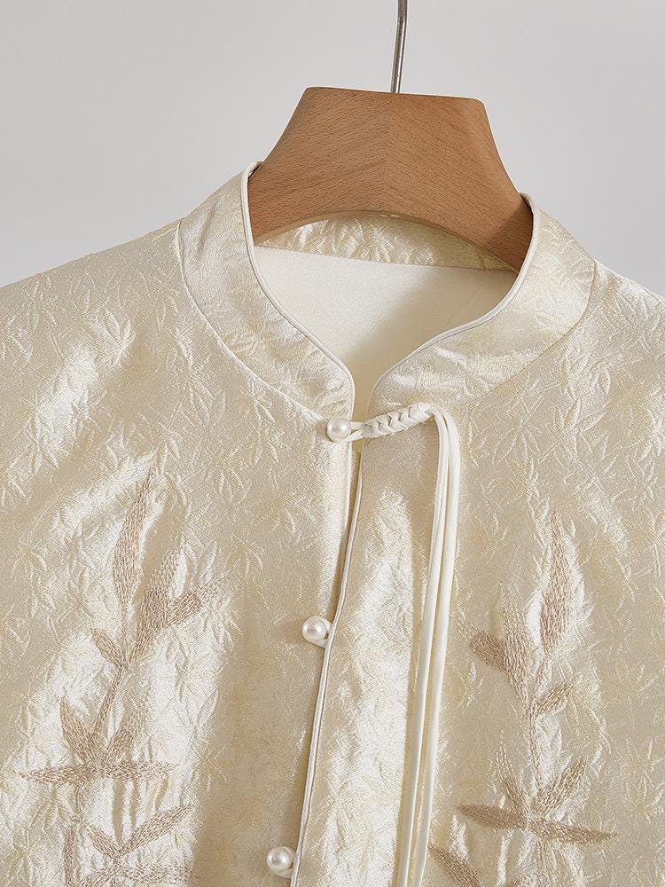 Light Yellow Qipao Top Blouse New Chinese Style Shirt for Women, Vintage Versatile Top for Autumn/ Winter, Everyday Wear Bamboo Pattern