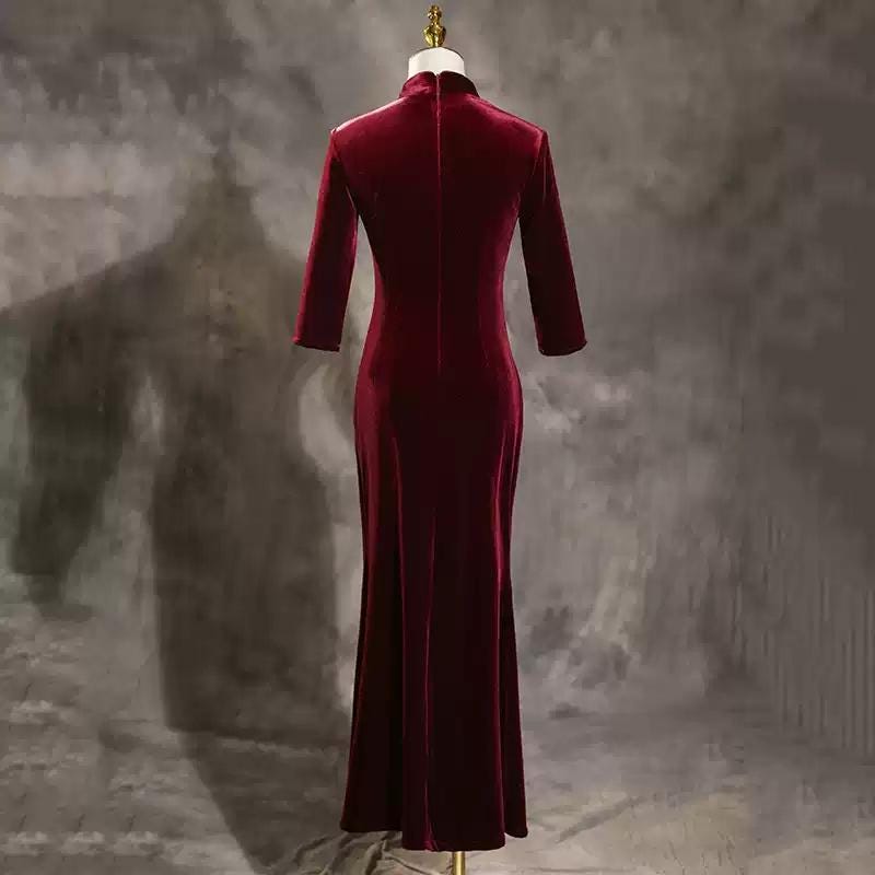 Burgundy Fall Chinese Qipao Dress Cheongsam Traditional Chinese Chipao