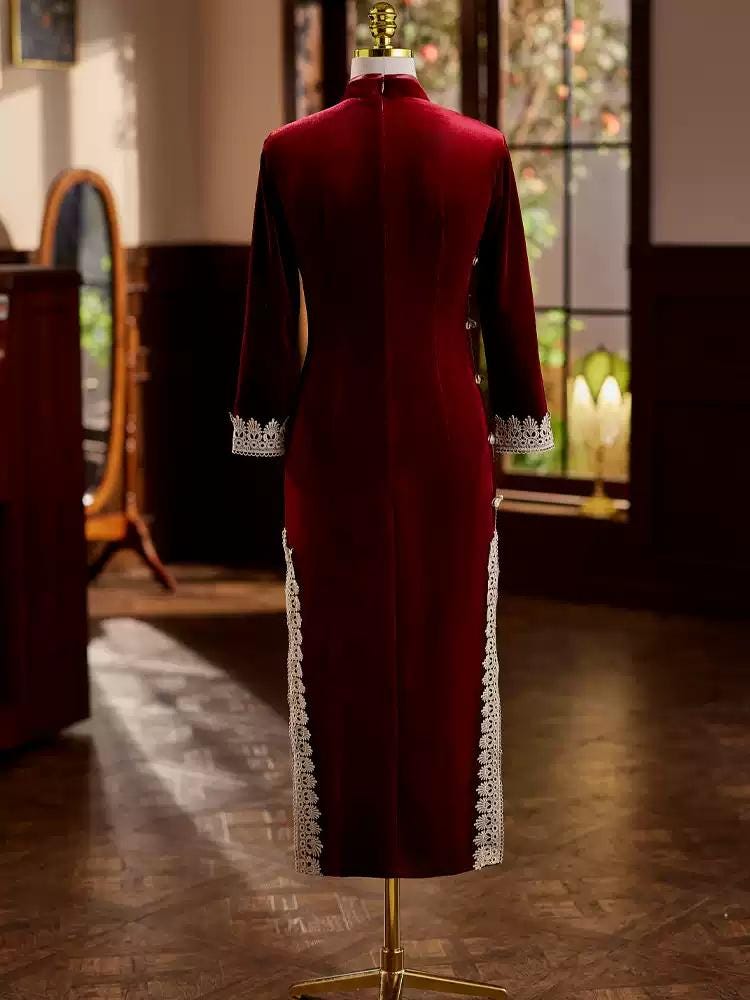 Burgundy/ Black Fall Chinese Qipao Cheongsam