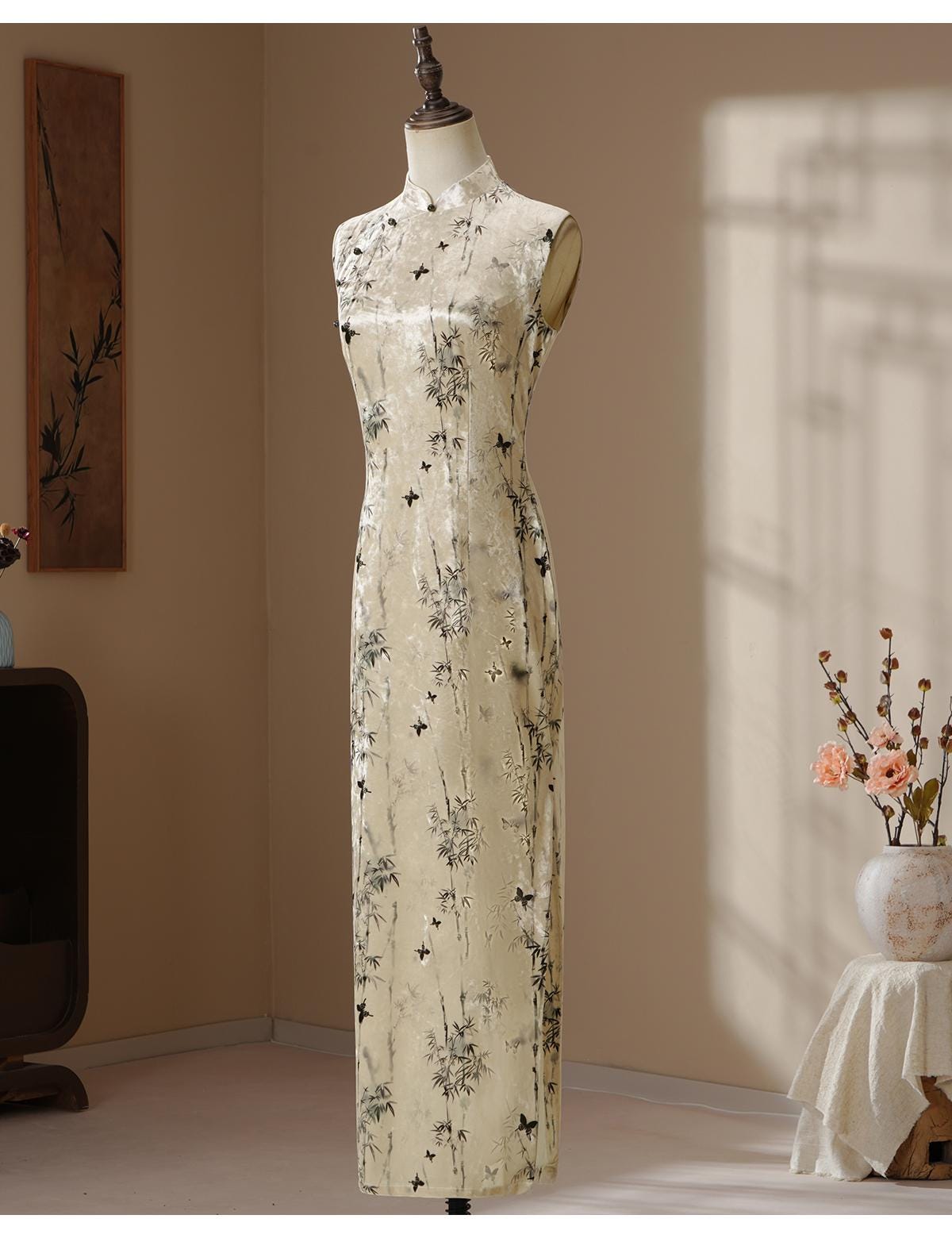 Sleeveless Cheongsam, Summer Chinese Qipao, Bamboo Pattern