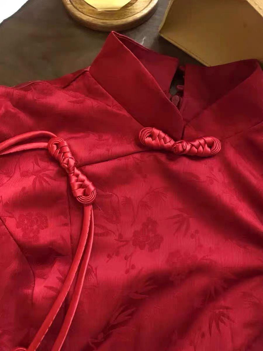 Two piece set Red Traditional Chinese Wedding Dress Cheongsam Qipao Dress