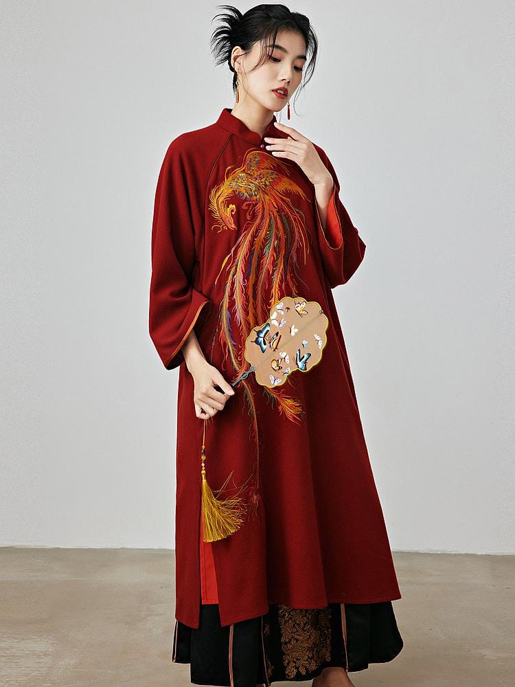High-Quality Woolen Qipao Dress with Phoenix Embroidery Autumn Winter Wine Red