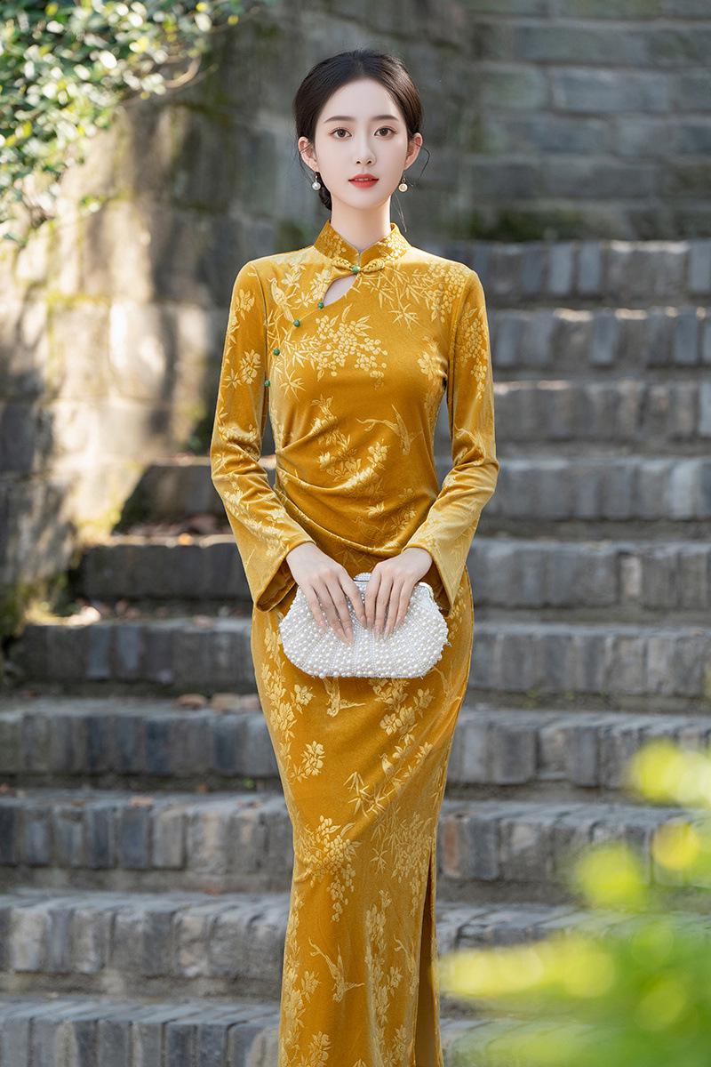 Modern Velvet Daily Qipao Traditional Daily Cheongsam, Date Dress