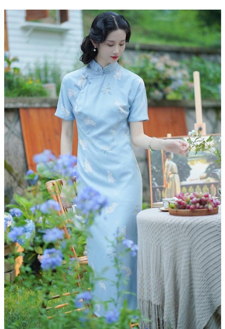Light Blue Tridational Engagement Cheongsam with Rabbit pattern