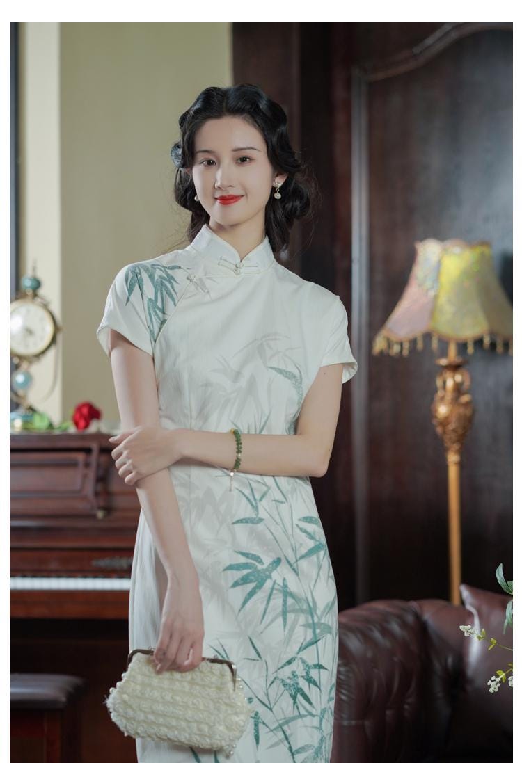 Bamboo Pattern Tridational Engagement Cheongsam, One-Piece