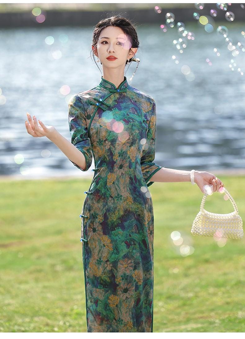 Fall Chinese Qipao Dress Vintage Cheongsam Hongkong Chipao