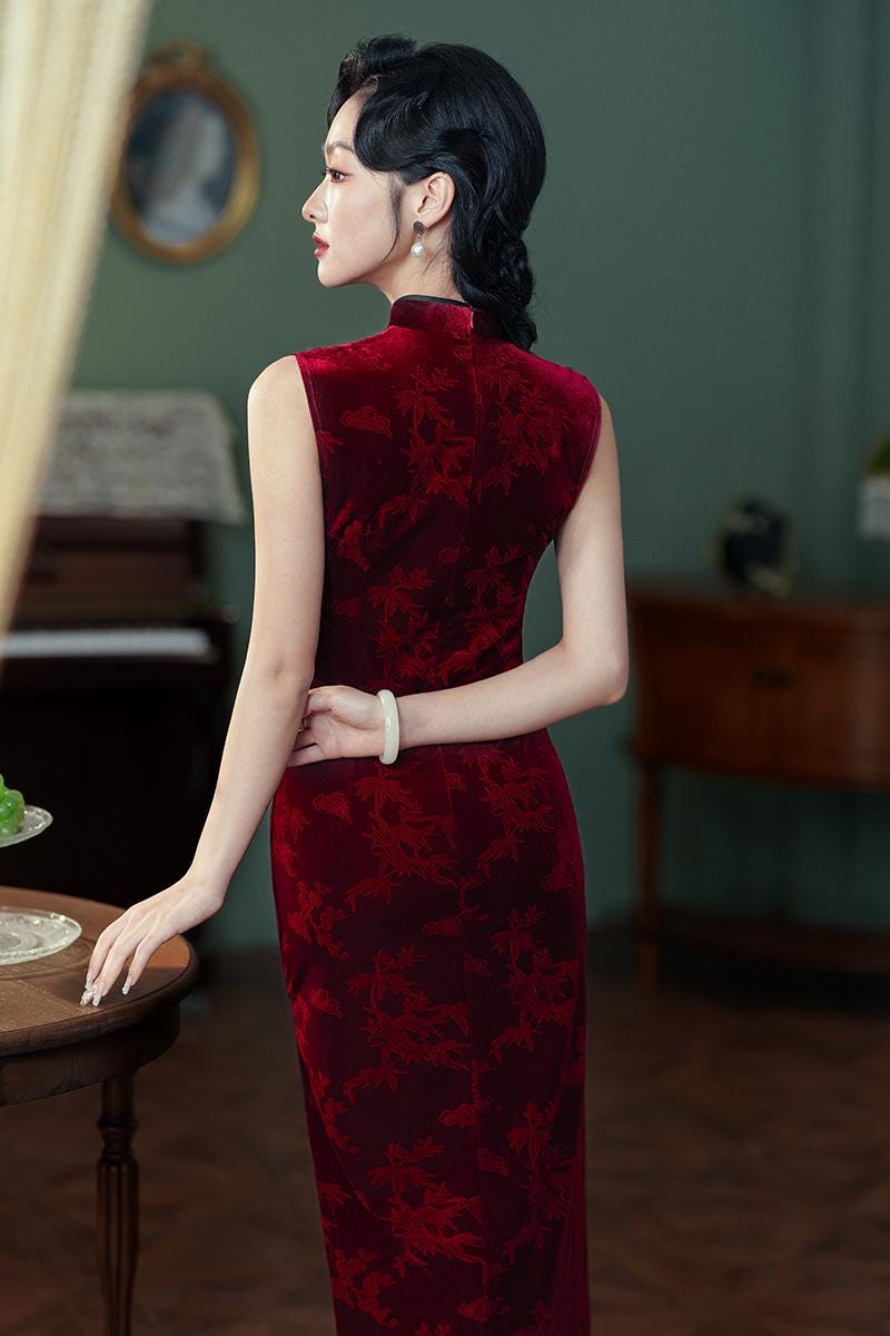 Wine Red Sleeveless Cheongsam, Velvet Chinese Qipao