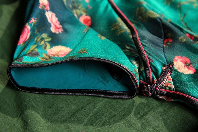 Mulberry Silk Short-sleeved Green Cheongsam Qipao Traditional Dress