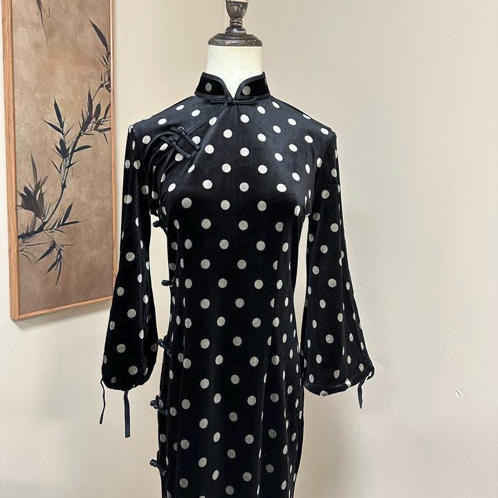 Velvet Polka Dot Qipao with Big Sleeves Hong Kong Style Daily Wear