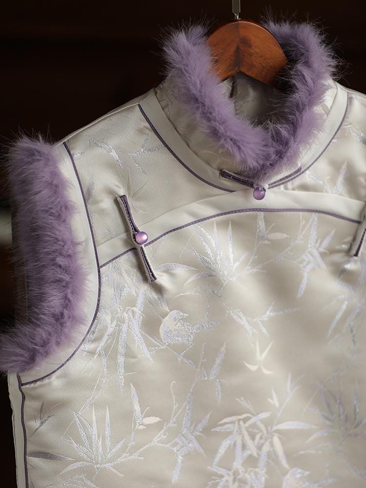 Autumn and Winter Two-Piece Qipao Set Vest With Purple Cheongsam