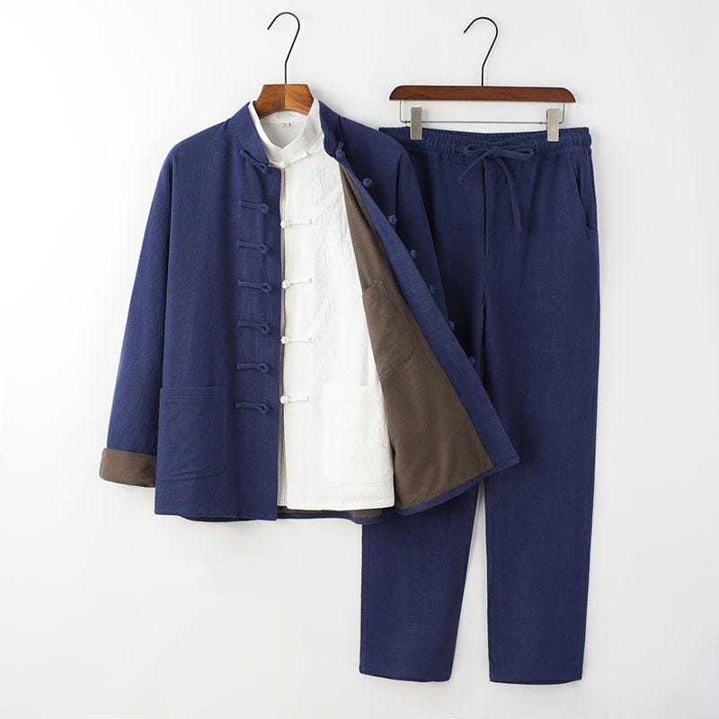 bamboo Linen Tang Suit for Men, Three-Piece Set Chinese Style Vintage Hanfu