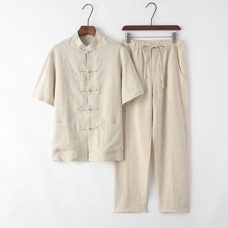 100% Linen Suit for Men, Two-Piece Set Chinese Style Vintage Hanfu