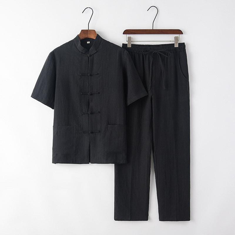 100% Linen Suit for Men, Two-Piece Set Chinese Style Vintage Hanfu