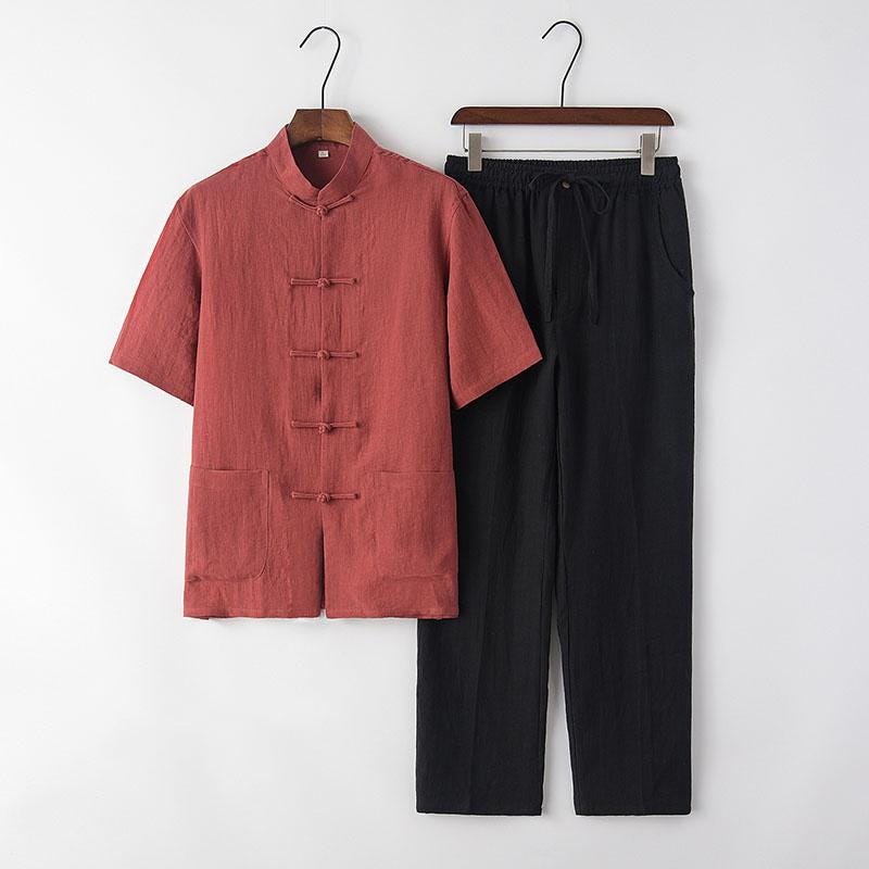 100% Linen Suit for Men, Two-Piece Set Chinese Style Vintage Hanfu