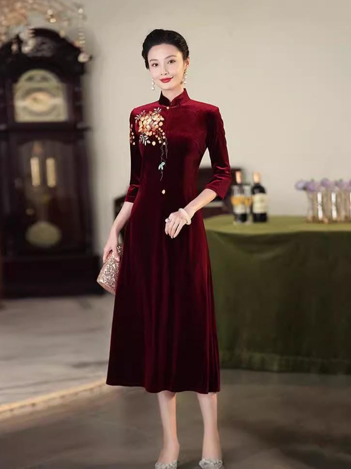 Modern Wine Red Qipao Dress Traditional Cheongsam Chinese Velvet