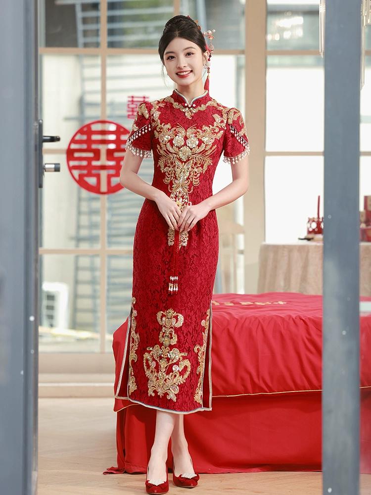 Red Traditional Chinese Wedding Dress Cheongsam Qipao Dress Long Tea Ceremony