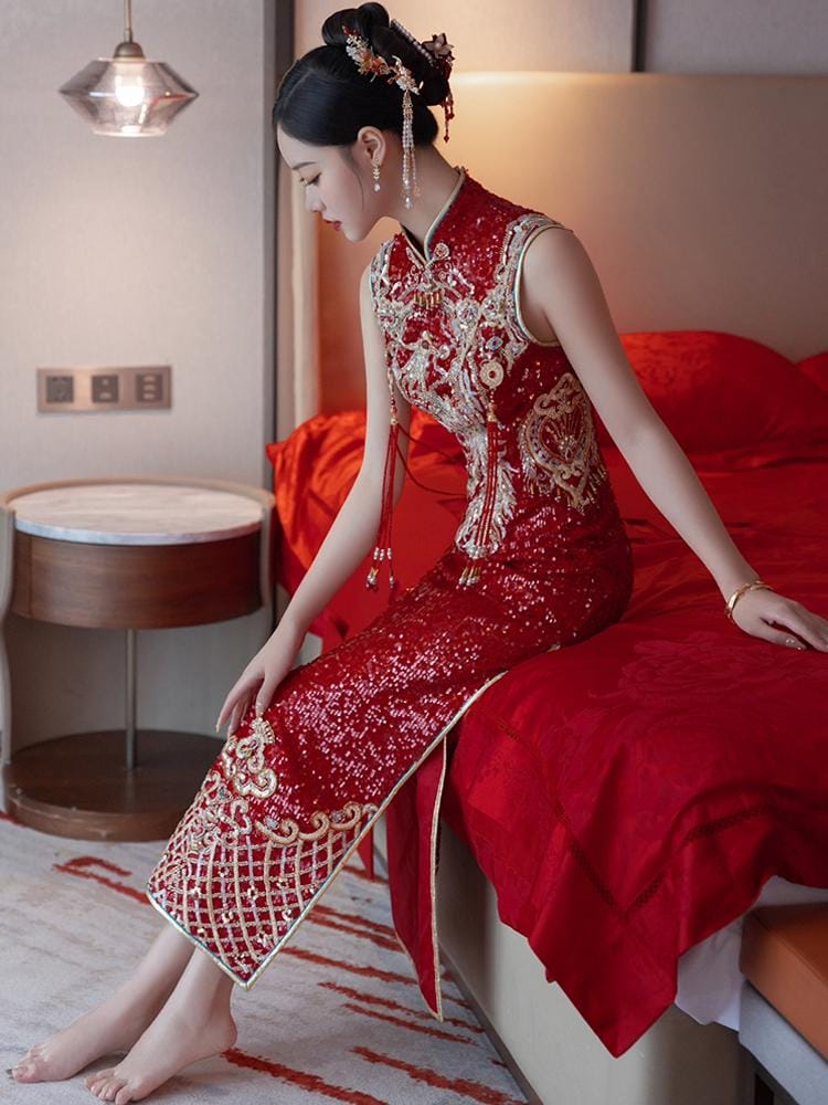 Red Traditional Chinese Wedding Phoenix Xiuhe Dress Cheongsam