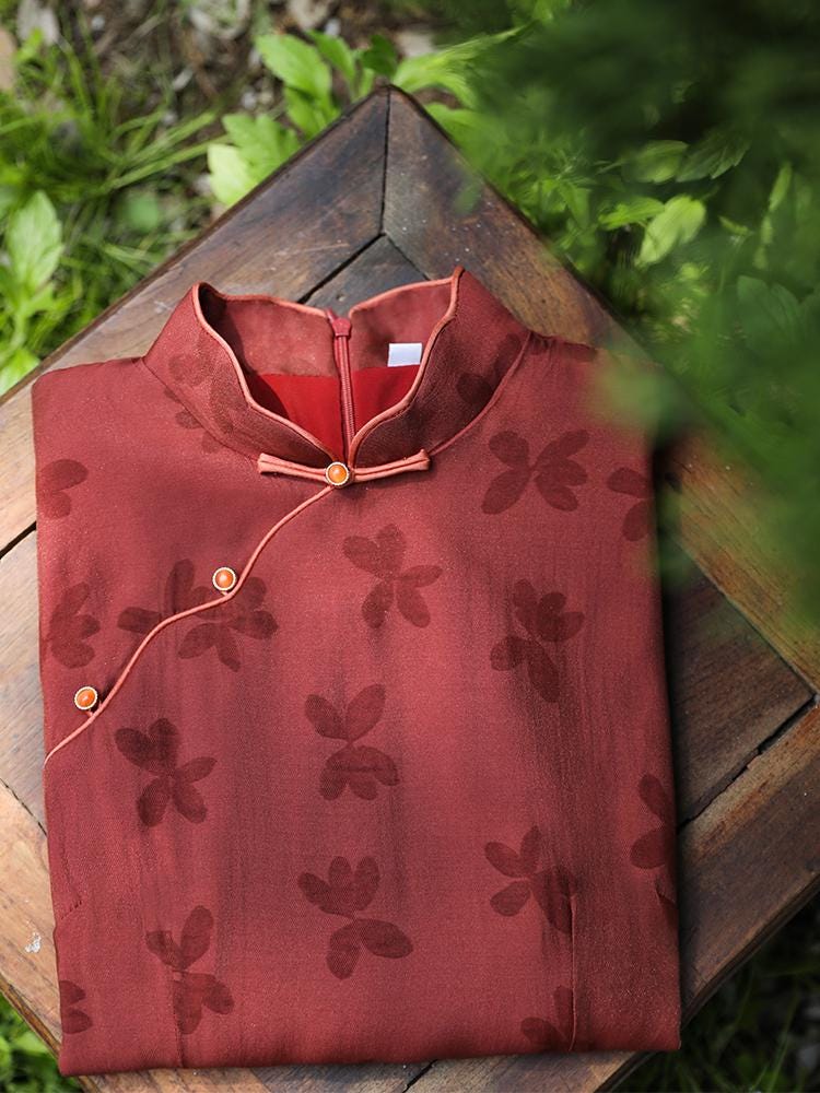 Brick red Chinese Modern Cheongsam, Short Sleeves Chinese Qipao