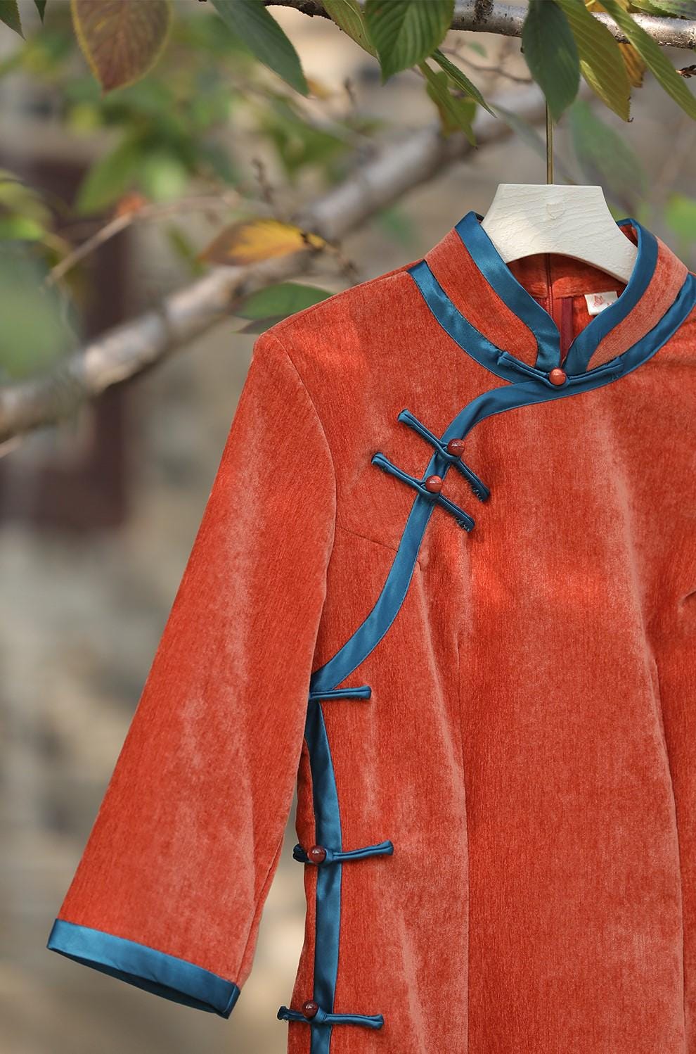 Chinese Cheongsam in Red Orange, Three quarter sleeve Chinese Qipao