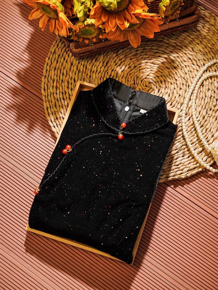 Black Cheongsam with Sequin, Modern Velvet Chinese Qipao