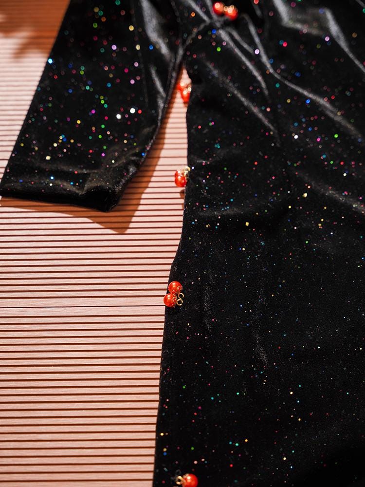 Black Cheongsam with Sequin, Modern Velvet Chinese Qipao