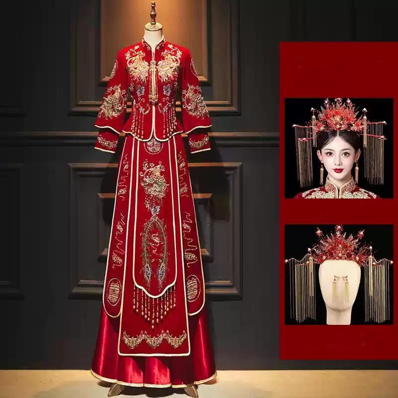 Red Traditional Chinese Bridegroom Wedding Xiuhe Phoenix Diamond Tea Ceremony