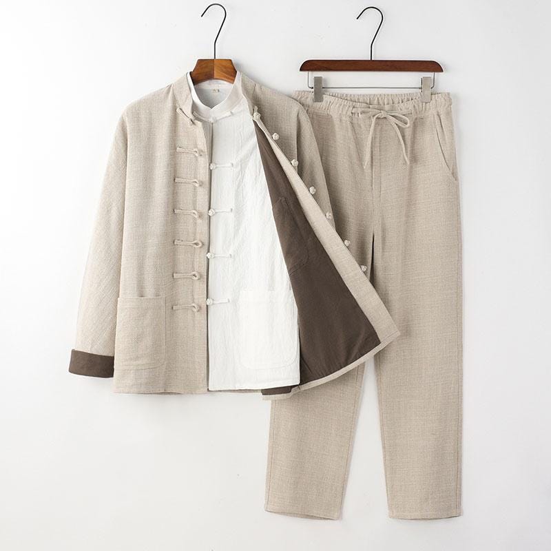 bamboo Linen Tang Suit for Men, Three-Piece Set Chinese Style Vintage Hanfu