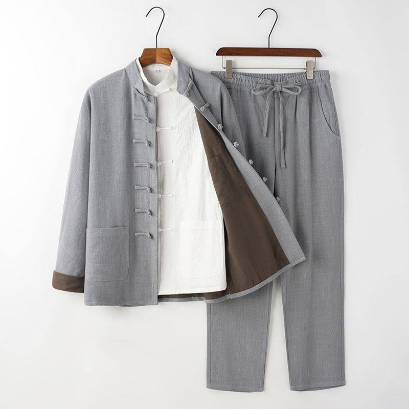bamboo Linen Tang Suit for Men, Three-Piece Set Chinese Style Vintage Hanfu