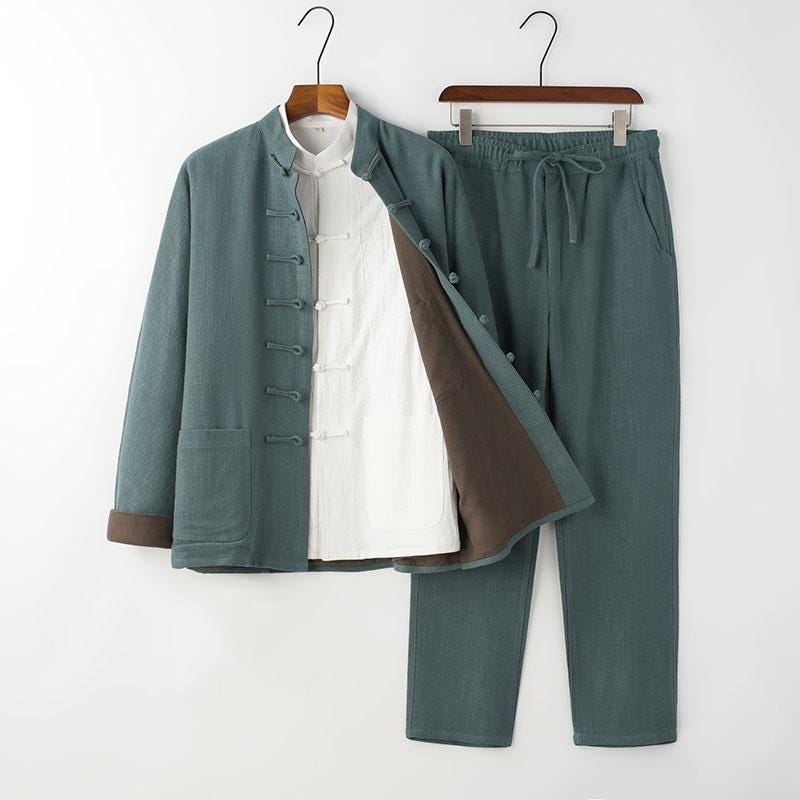 bamboo Linen Tang Suit for Men, Three-Piece Set Chinese Style Vintage Hanfu